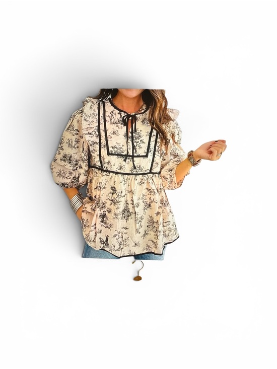 Tops - Women's Cream Floral Peasant Blouse with Black Trim